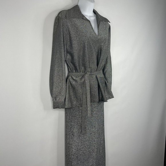 Vintage 70s Disco Avant Garde Gray Silver Glitter Belted Blouse Maxi Skirt Set - Picture 3 of 8